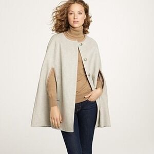 J Crew Grey Wool Blend Cape Coat With Leather Trim, Size Large